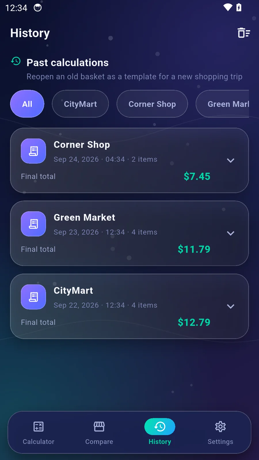ShopSmart Calculator history screen